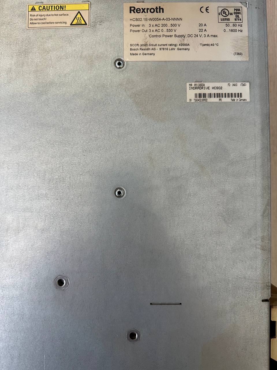 Шильдик привода Bosch Rexroth HCS02.1E-W0054-A-03-NNNN с техническими характеристиками и маркировкой X2